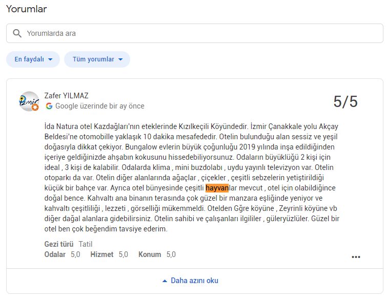 Zafer Yılmaz Evcil Hayvan İda Natura Otel Yorum